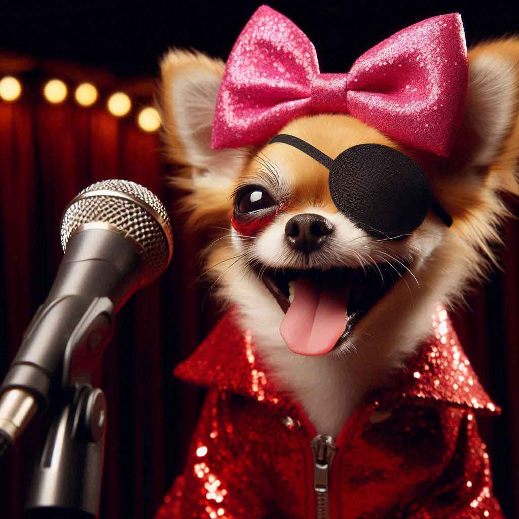 One eyed chihuahua character from the books. In front of a mic being a stand up comic